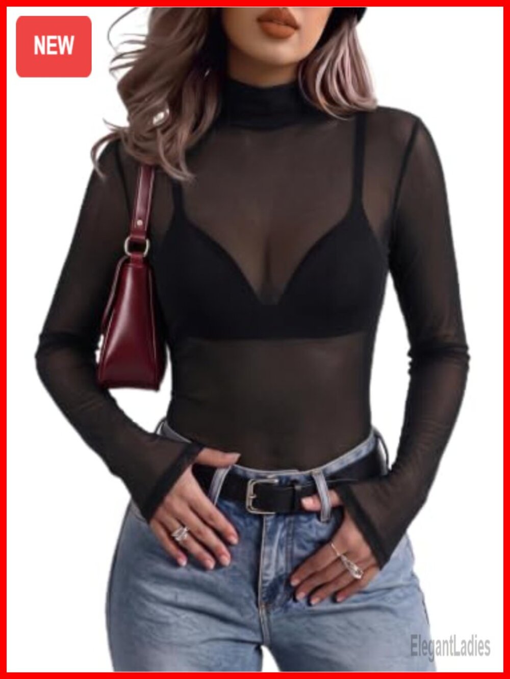 Sheer Mesh Long Sleeve Top Mock Neck Slim Fitted Sexy Blouse